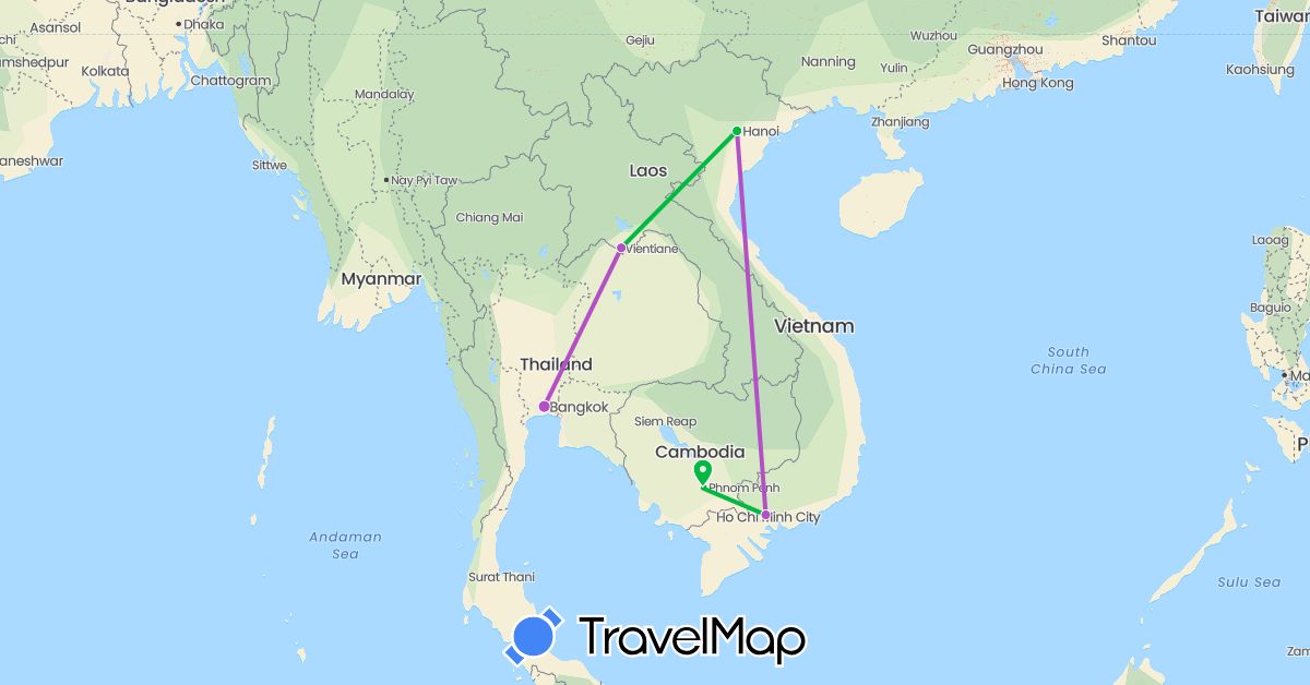 TravelMap itinerary: driving, bus, train in Cambodia, Laos, Thailand, Vietnam (Asia)